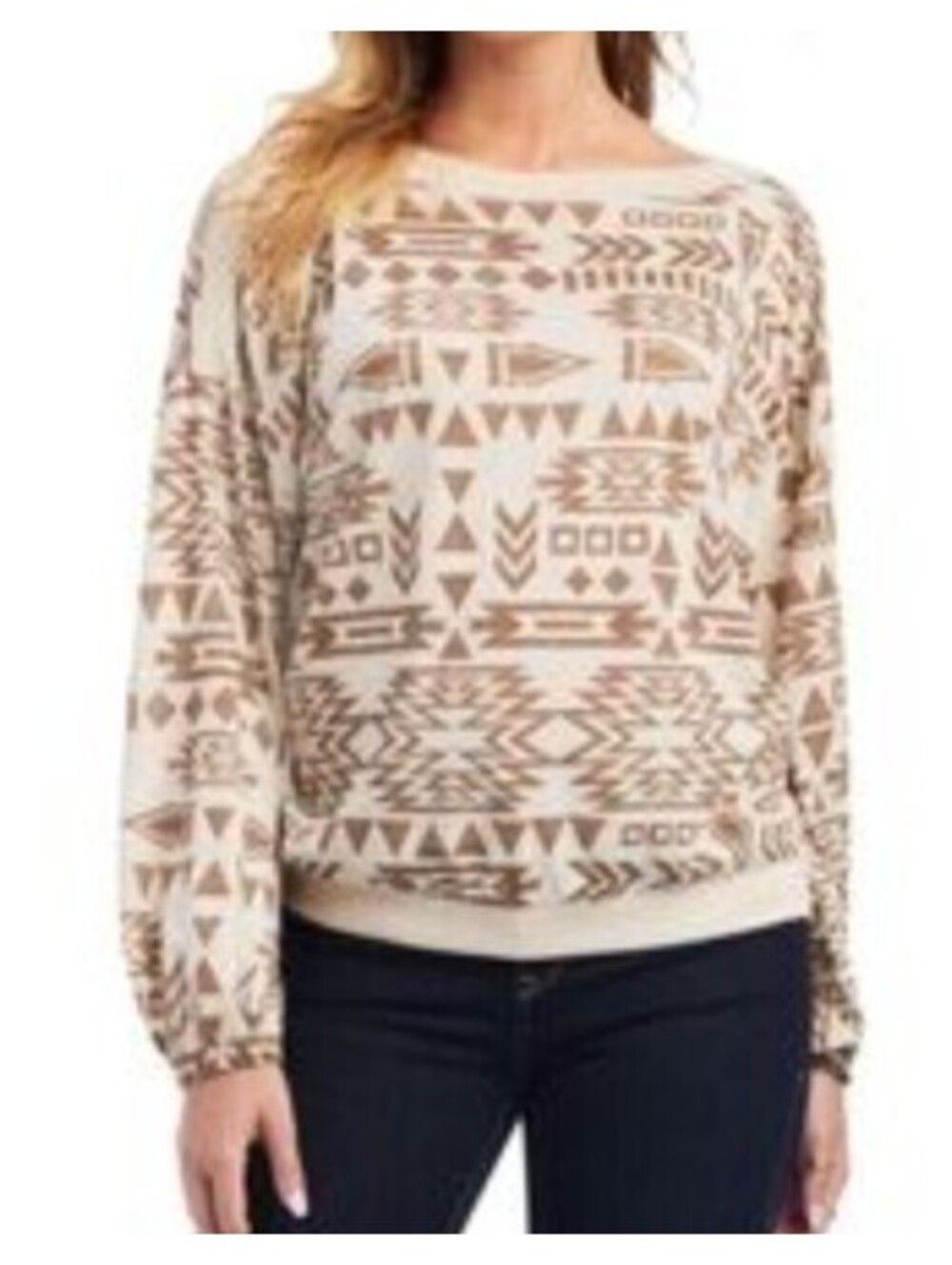 ARIAT cream brown pattern boatneck long sleeve blouse sz M